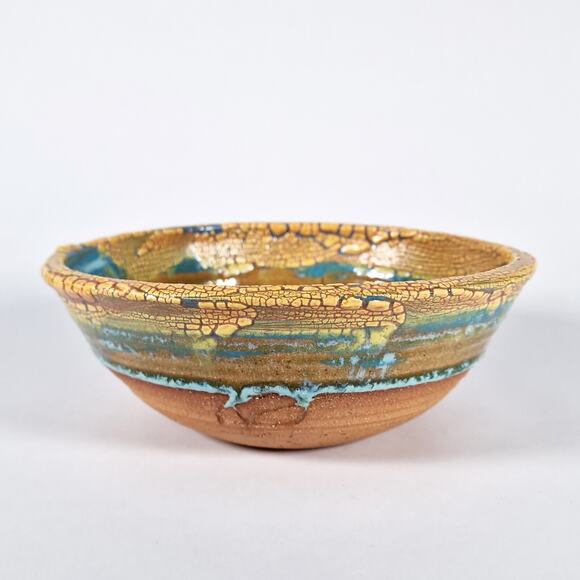 Cathy Veblen Anthro Pottery Bowl Yellow Turquoise Blue Corrales New Mexico 2007 - Picture 8 of 9